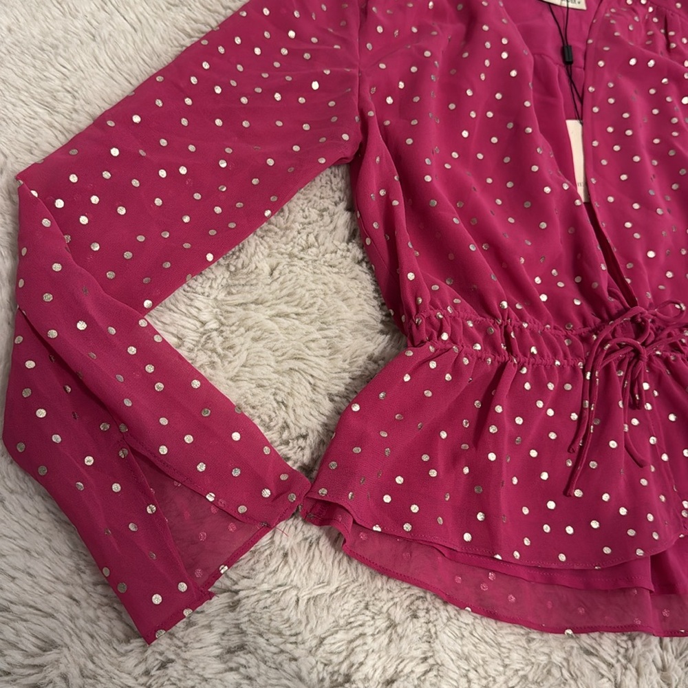 THE EAST ORDER Taylor Long Sleeve Tie Waist Bright Pink Metallic Dot Top - Picture 12 of 12